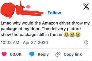 Tweet by user Brie complaining about a delivery service throwing a package at their door, with a laughing emoji. Includes likes and reply counts