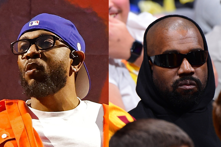 Side-by-side images of Spike Lee at a sports event and Kanye West wearing sunglasses