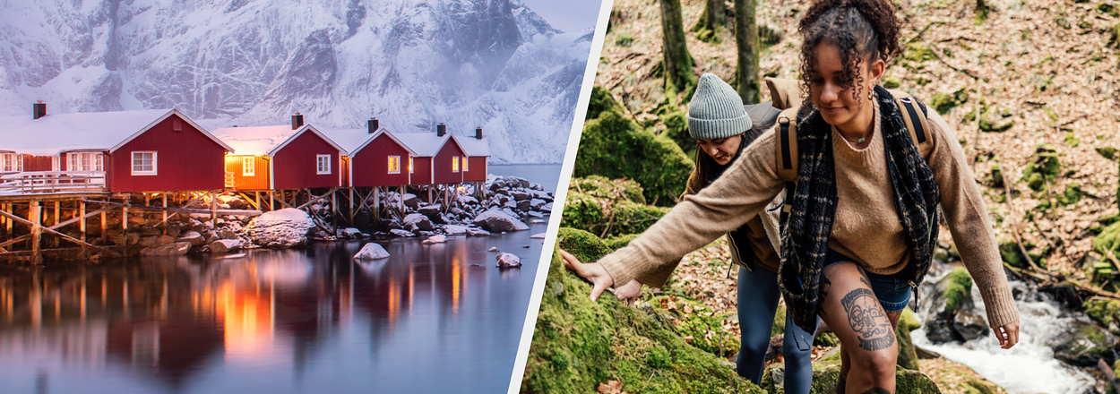 Split image: Left, red houses with snowy mountain backdrop. Right, people hiking on mossy rocks.