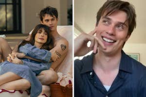 Two images: left shows a woman and a man embracing, right is a man laughing. Both appear in casual attire