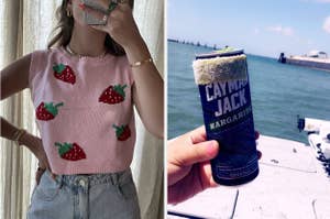 Person in strawberry patterned top and jeans, and a hand holding a canned cocktail by the sea