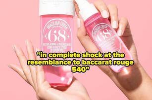 fragrance mist with text "in complete shock at the resemblance to baccarat rouge 540"