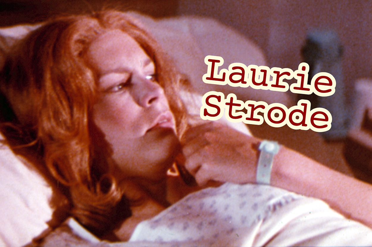 Character Laurie Strode lying in bed with her name in stylized text overlay