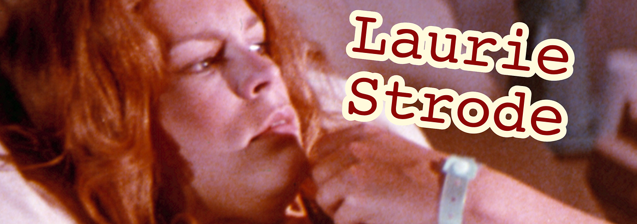 Character Laurie Strode lying in bed with her name in stylized text overlay