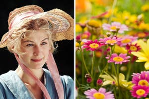 Split photo; left side shows a woman in historical attire with a bonnet, right side is a close-up of a vibrant flower field
