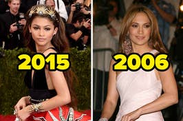 Two side-by-side photos of Zendaya and Jennifer Lopez in elegant red carpet attire, dated 2015 and 2006 respectively