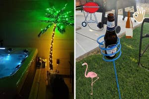 a lit up led palm tree next to a hot tub / a yard stake holding a beer