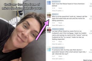 Person smiling at camera, with a screenshot of social media comments about gender roles on the right side of the image