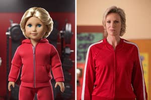 Two images side by side: left shows``1 an American Girl doll with blonde hair; right shows actress Jane Lynch in her role in "Glee"