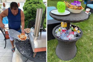 A man grilling pizza beside a DIY table cooler filled with beverages and snacks on a lawn