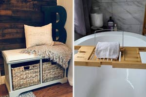 Left: A customized pillow on a bench with storage baskets. Right: A bamboo bath tray across a tub with a towel