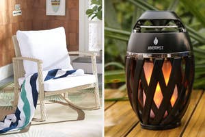Wicker outdoor chair with cushion next to a striped throw pillow and a sleek flame-style patio heater