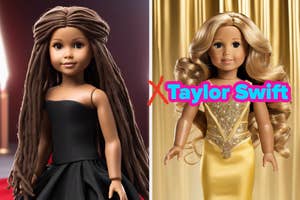 Two dolls resembling celebs, a Zendaya doll with braids and a black dress, the other Mariah Carey in a gold outfit