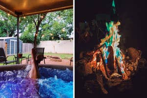 reviewer resting in an inflatable hot tub / a fire with color changing flames