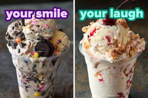 On the left, a cup of ice cream with Oreo, sprinkles, and chocolate chip mix ins labeled your smile, and on the right, ice cream with cherries and cheesecake mix ins labeled your laugh