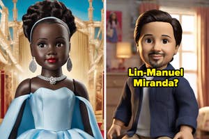 Two dolls resembling historical figures in formal attire, one possibly of Lin-Manuel Miranda