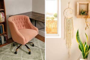 Modern office chair with tufted backrest next to a desk, and a wall decorated with a dream catcher and hanging plants