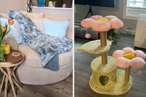 Two photos: Left shows a plush throw blanket on a couch. Right is a cat tree with flower designs