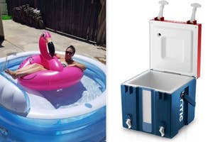Person lounging on a pink flamingo float in a pool and a closed blue and white portable cooler