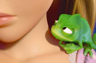 Animated characters: Rapunzel's chameleon, Pascal, on her shoulder, close-up view