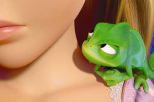 Animated characters: Rapunzel's chameleon, Pascal, on her shoulder, close-up view
