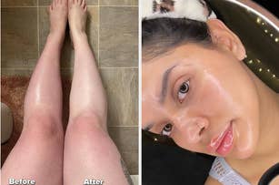 Person showing their legs "before and after" using an exfoliating mitt and  a close-up of a reviewer with glowing skin