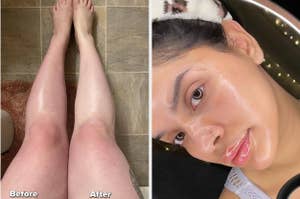 Person showing their legs "before and after" using an exfoliating mitt and  a close-up of a reviewer with glowing skin