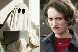 Person draped in a ghost costume using a laptop; woman with curly hair expressing disapproval