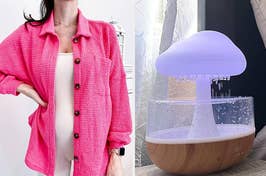Person in textured pink jacket over white top beside a mushroom-shaped humidifier