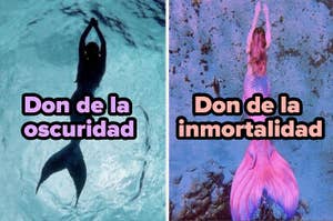 Imagen de dos paneles con sirenas artísticas, izquierdo en azul, derecho en rosa, con los textos "Don de la oscuridad" y "Don de la inmortalidad"