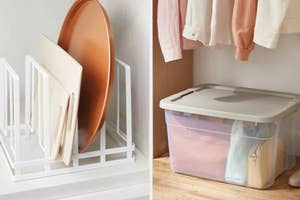 Two images showing space-saving storage solutions with a plate rack and a clothing storage bin