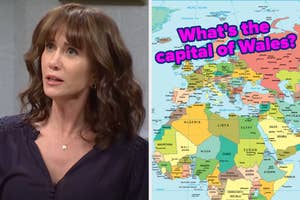 On the left, Kristen Wiig raising her eyebrows in an SNL sketch, and on the right, a map of the world labeled what's the capital of Wales