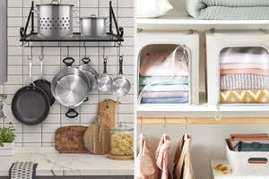 Various kitchen and closet storage solutions including hanging pots and organized shelves