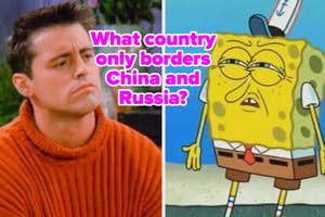 Two animated characters, one puzzling over a question, the other confused, with text asking about a country that borders China and Russia