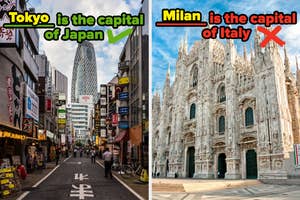 On the left, a street in Japan labeled Tokyo is the capital of Japan with a check mark by it, and on the right, a cathedral in Italy labeled Milan is the capital of Italy with an x drawn by it