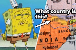 SpongeBob SquarePants next to blurred map, with text "What country is this?" pointing to the area