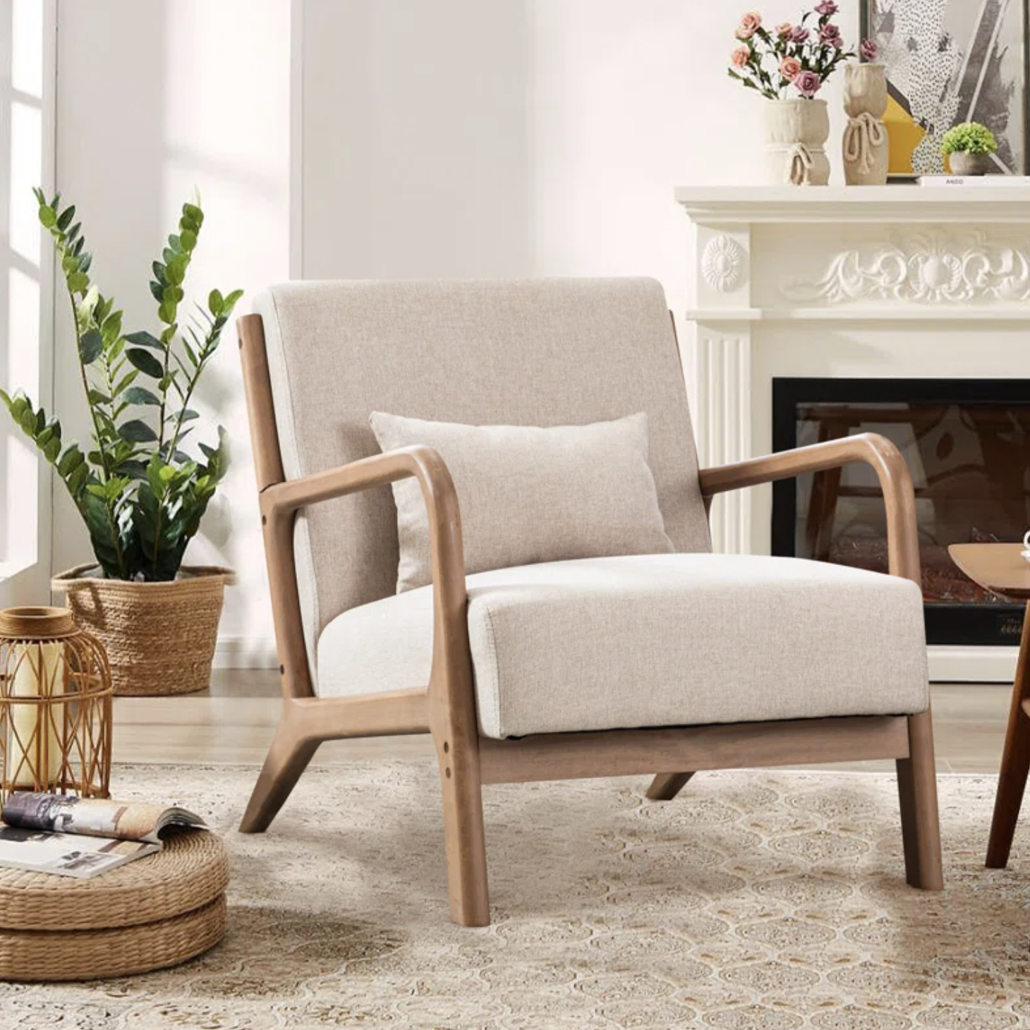 Modern armchair with wooden frame and cushioned seating, placed in a cozy living room setting