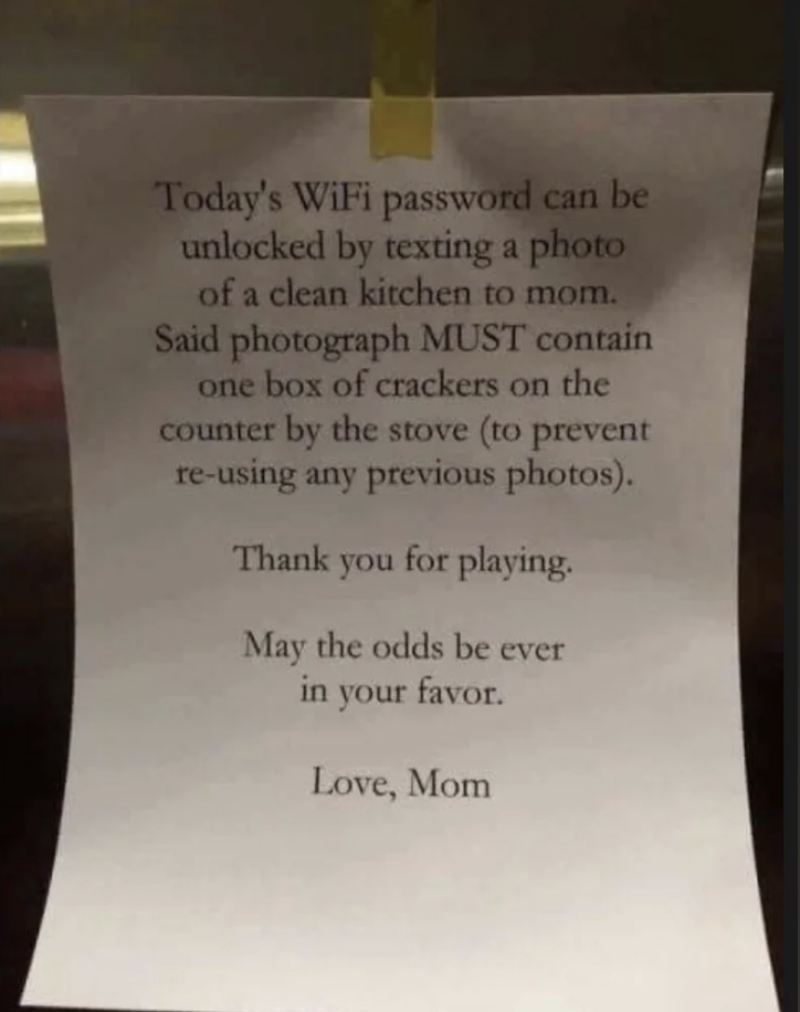 Note from mom outlining the WiFi password is unlocked by sending her a clean kitchen photo