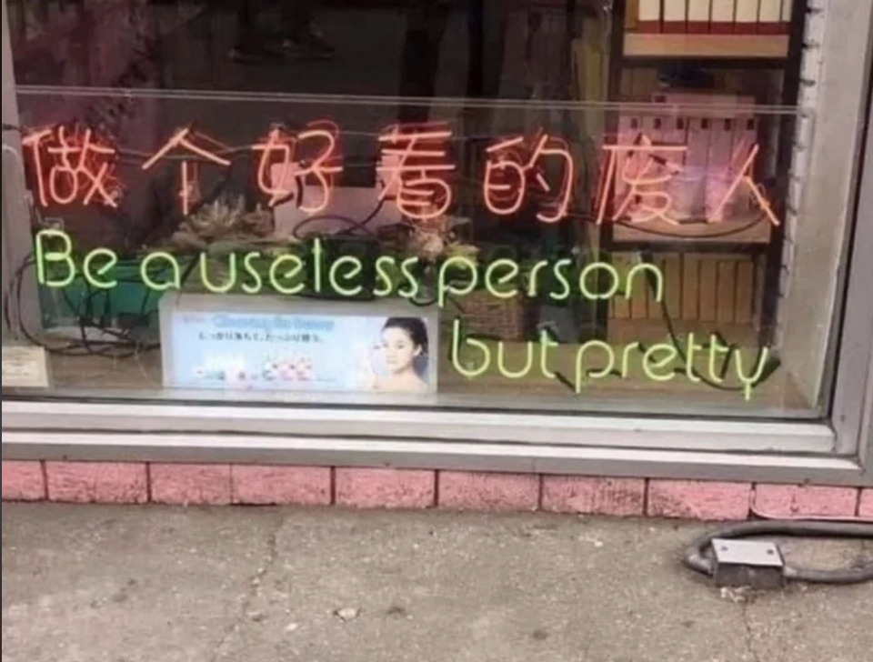 Sign in window reads &quot;Be a useless person but pretty&quot; with mixed English and Chinese text