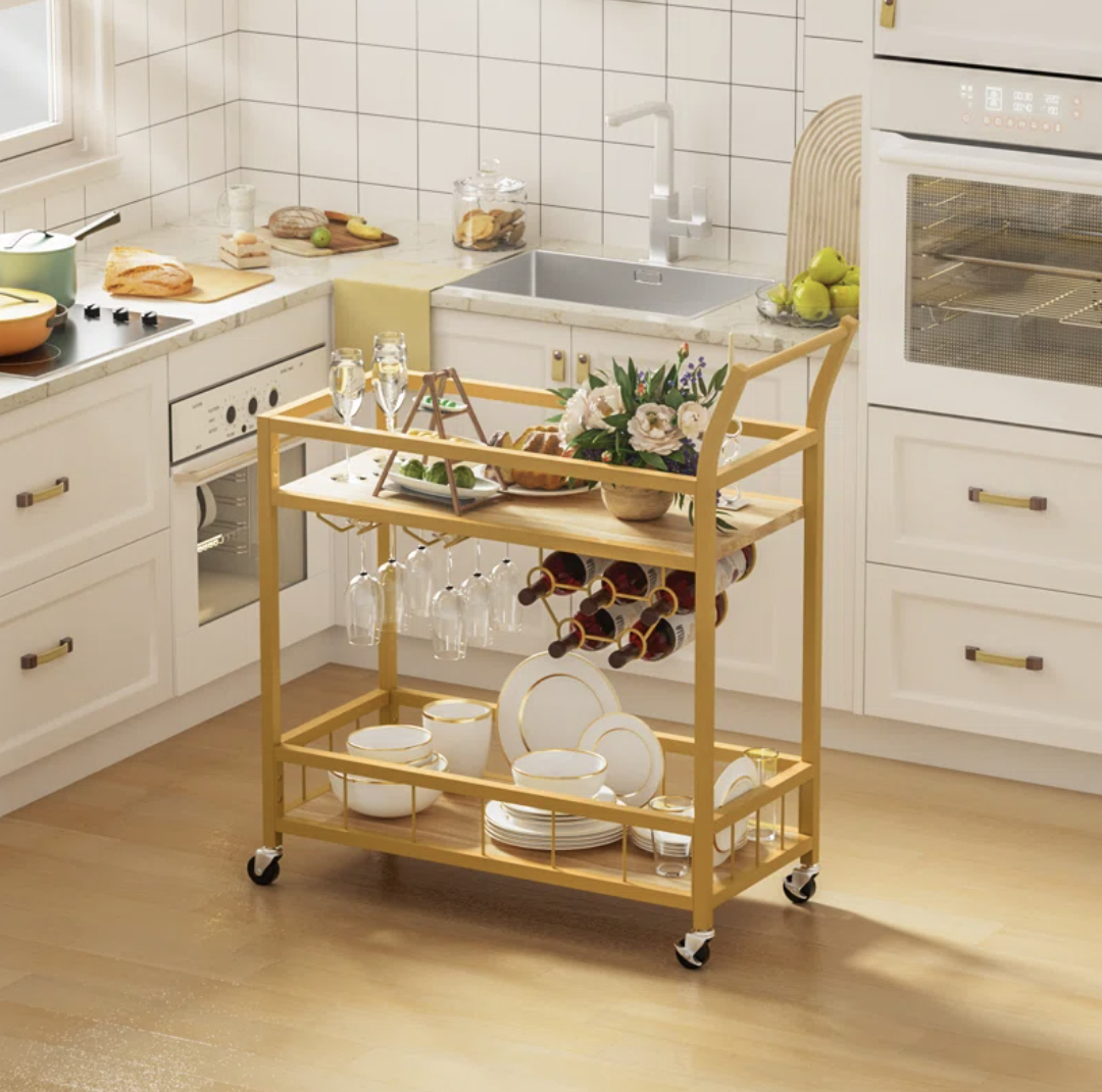 The rolling cart with a wine bottle rack, glasses rack, and space for dinnerware