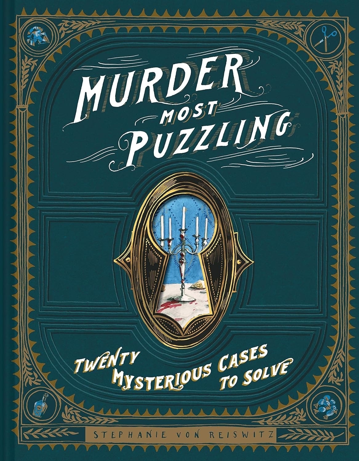 Cover of &quot;Murder Most Puzzling&quot; book featuring title and an ornate mirror with a crime scene