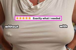 reviewer wearing a white t-shirt with one breast without a nipple cover and the other with