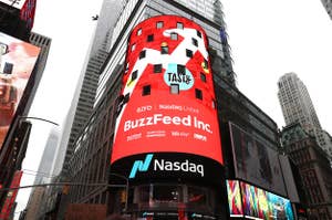 BuzzFeed Inc. signage on Nasdaq building in Times Square celebrating its listing, with the Tasty logo and confetti graphic