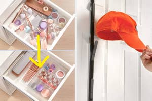 A variety of makeup products neatly organized in a drawer. Next to it, a cap hangs on a wall-mounted holder demonstrating storage solution