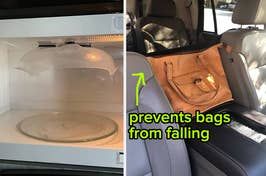 lid on top of microwave and car cache holding a bag