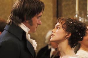Mister Darcy and Elizabeth staring into each other's eyes in Pride and Prejudice