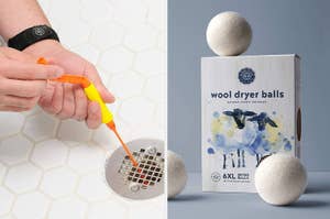 Person using a tool to remove hair from a drain; package of wool dryer balls next to two loose balls