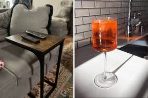Side-by-side image: Left shows a wooden side table with a remote control, right has a tall stemmed glass with a beverage on a tub edge