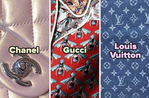 Logotipos de Chanel, Gucci y Louis Vuitton en telas de lujo
