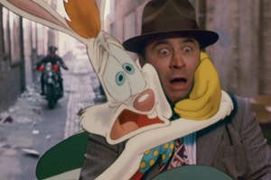 Roger Rabbit and a man appear startled in an alley, Roger wearing a colorful bow tie